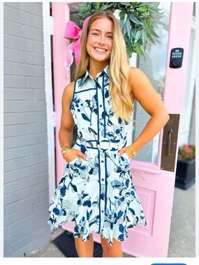 entro White Dress with Navy Floral Print